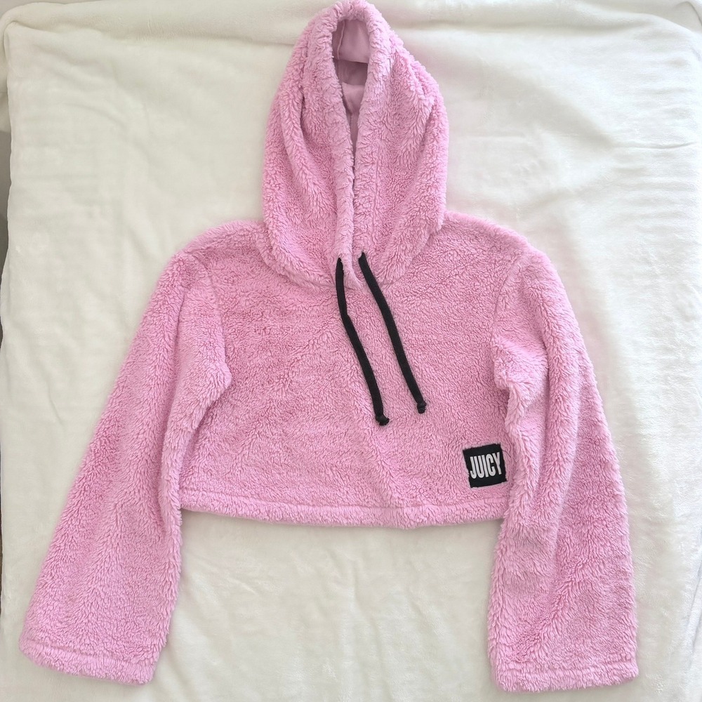 Juicy by Juicy Couture Hoodie Womens XS Pink Excellent Faux Fur Sherpa Cropped